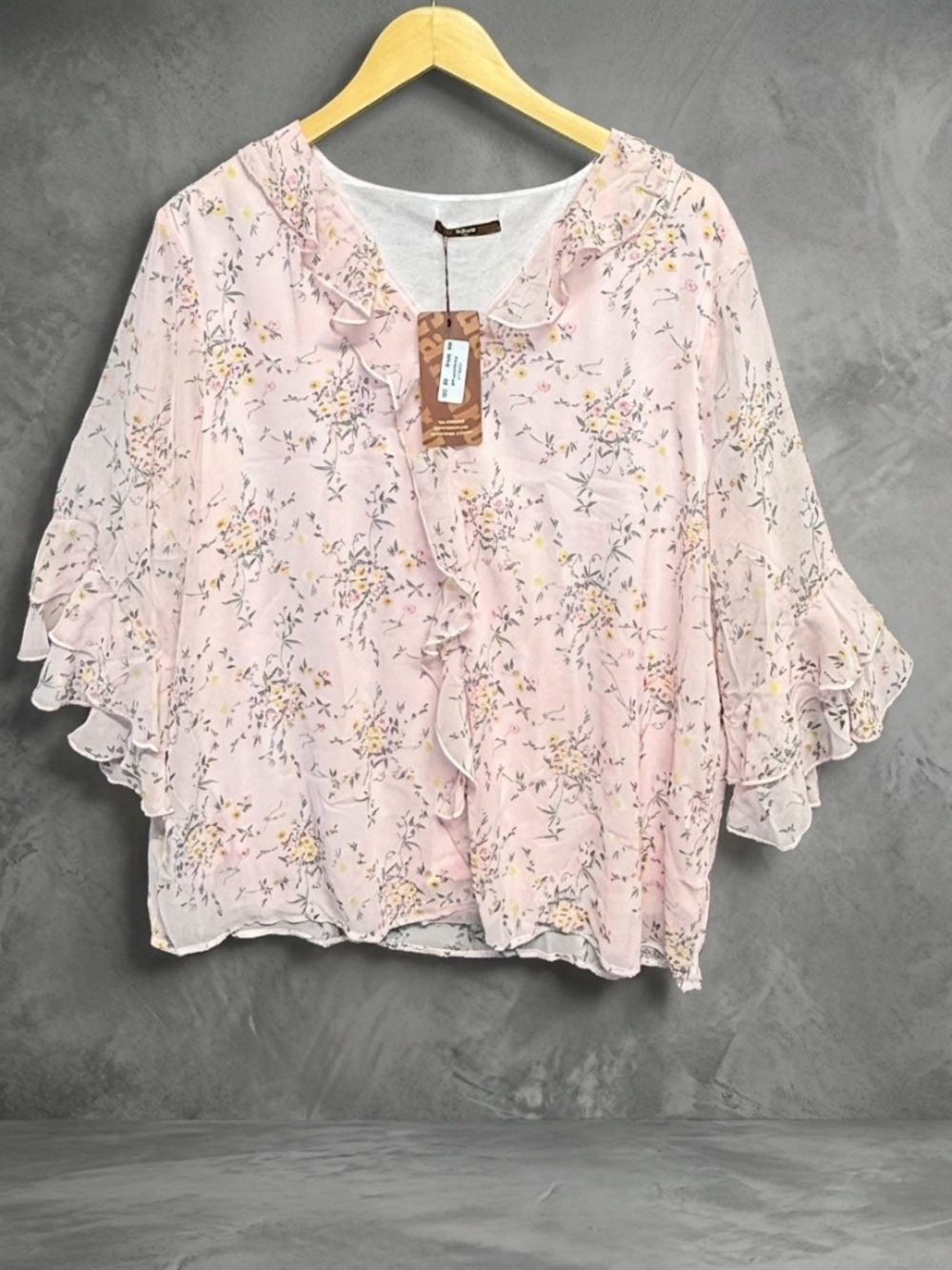 NWT Gaharu Floral Chiffon Ruffle Blouse Pink V-Neck Tiered Sleeve Top 2XL